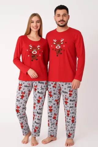 Pijama Crăciun Cuplu - Bluză Roșie & Pantaloni Gri cu Imprimeu Ren