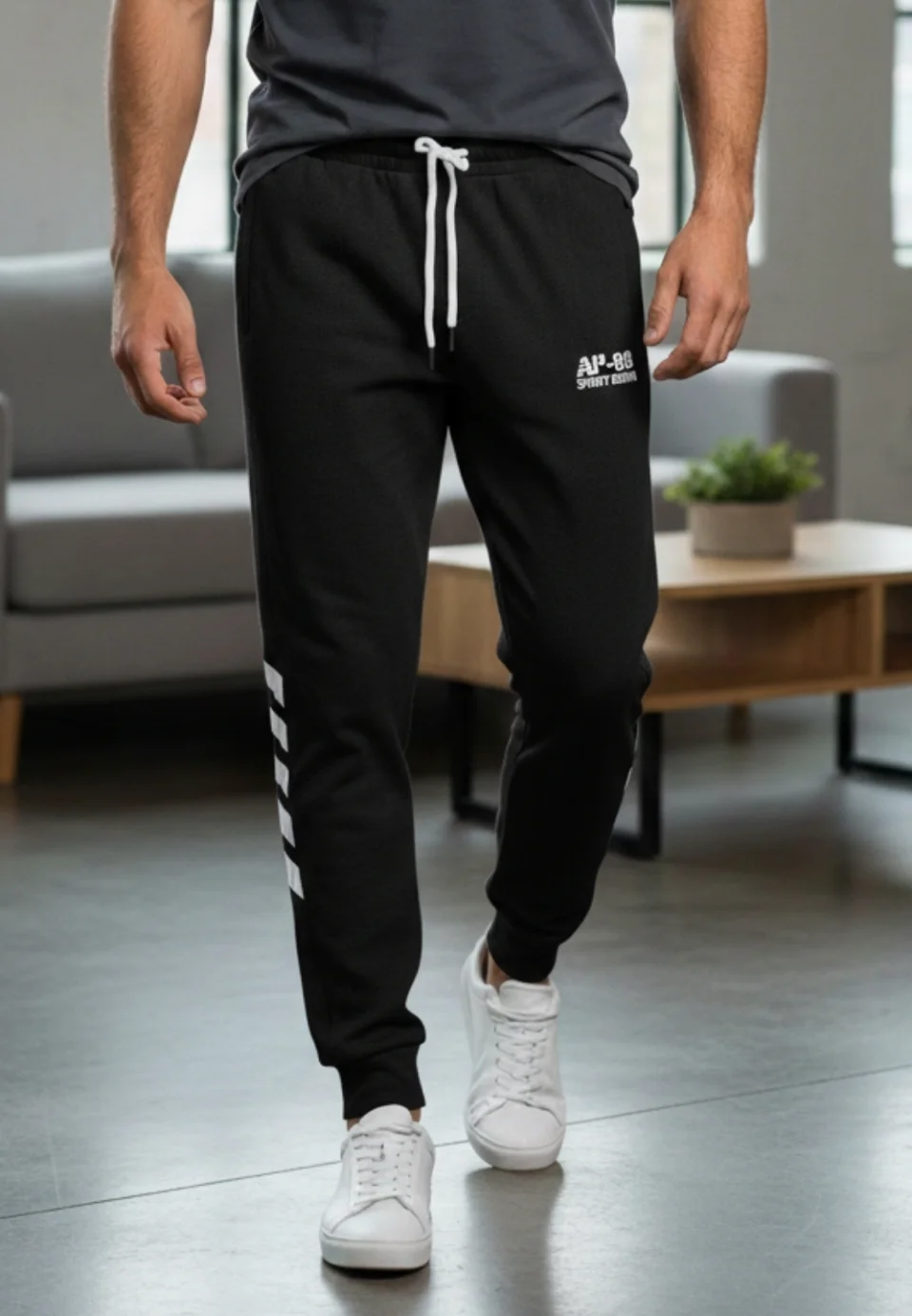 Pantaloni de trening bărbați negri cu detalii albe, imprimeu „SPORT DENIM”