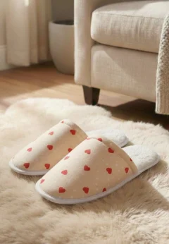 Papuci de casă damă cu puf, crem, cu imprimeu inimioare – comozi și călduroși