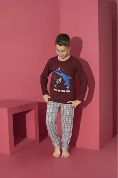 Pijama băieți cu mânecă lungă și pantaloni lungi, imprimeu King Of The Sea, rosu