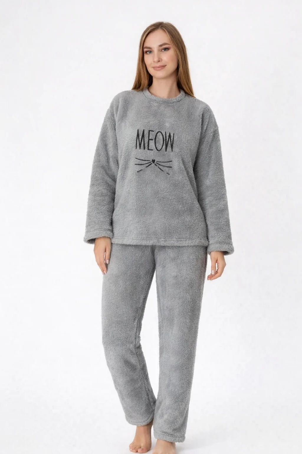 Pijamale damă cocolino roz pudră cu imprimeu „Meow”