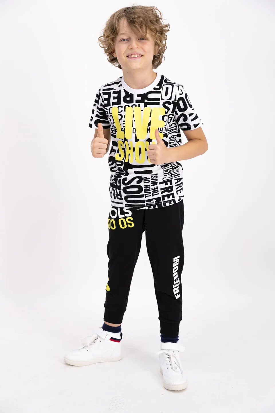 Pijama copil cu tricou și pantaloni lungi, imprimeu cifre, Alb