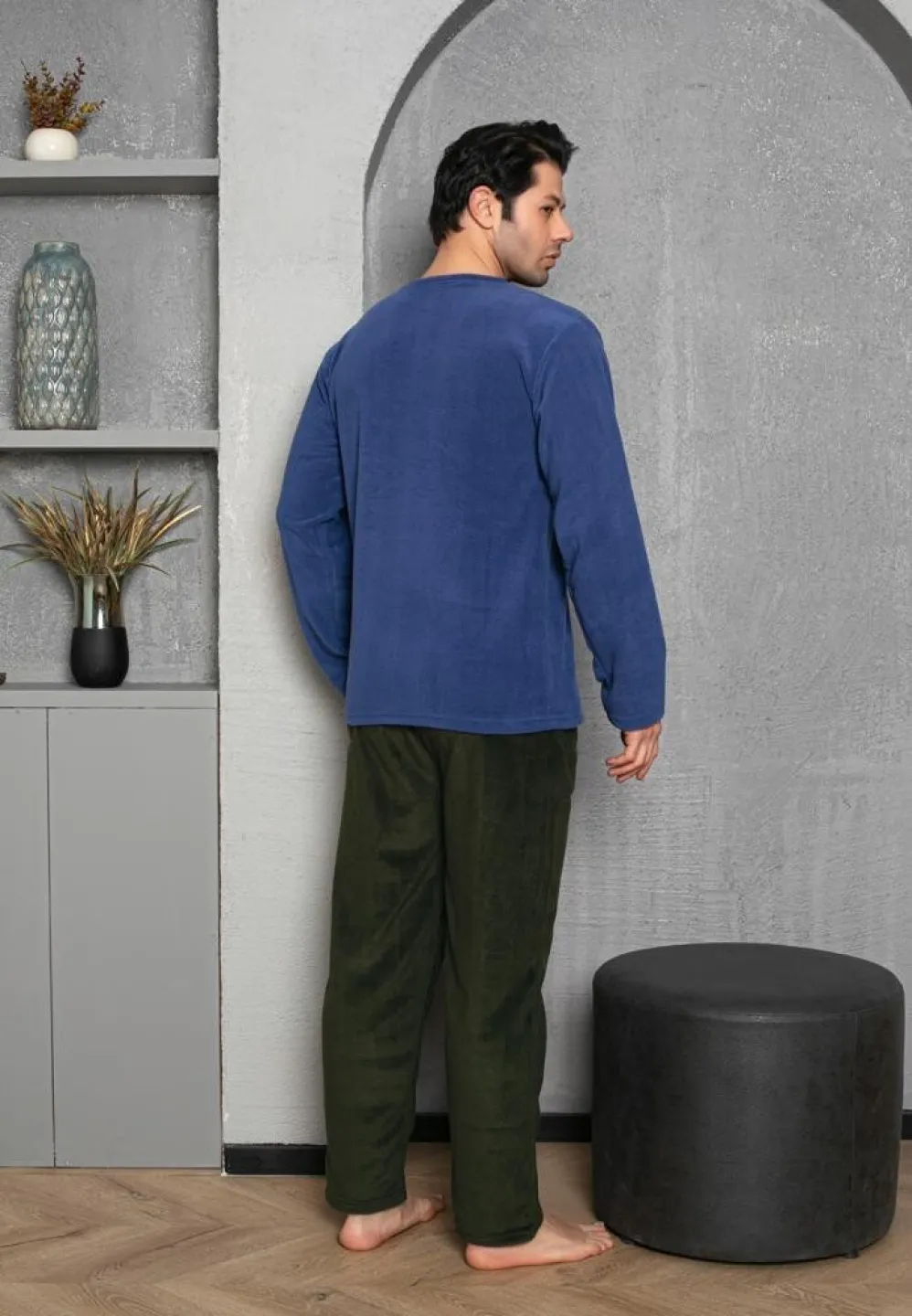 Pijama bărbați pentru sezonul rece albastru & verde închis „STAY STRONG And Never Give Up” – material polar