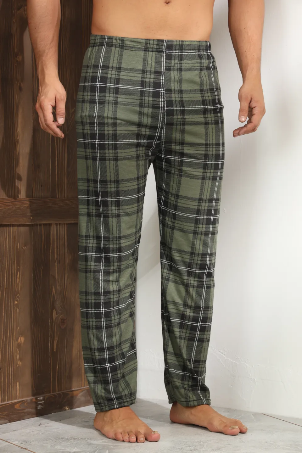 Pantaloni pijama bărbați verde închis cu carouri negre și linii albe – croială lejeră-big size