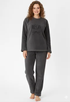 Pijamale damă cocolino gri închis cu imprimeu „Meow”