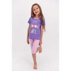 Pijama fetițe bumbac, mânecă scurtă și pantaloni 3/4, imprimeu Cool Girl, mov