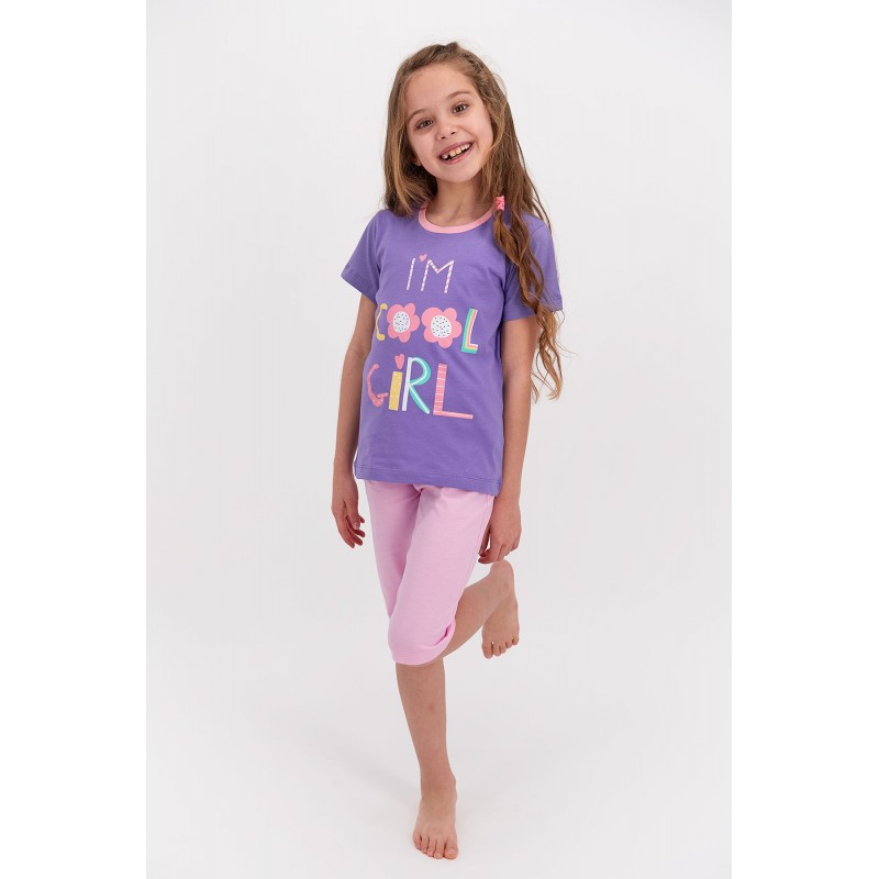 Pijama fetițe bumbac, mânecă scurtă și pantaloni 3/4, imprimeu Cool Girl, mov