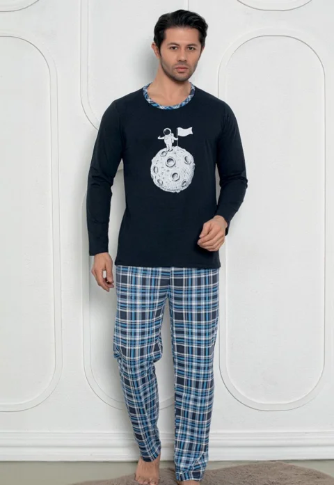 Pijama Bărbat , Mâneci Lungi și Pantaloni Lungi Asortați, Imprimeu Astronaut, Bleumarin