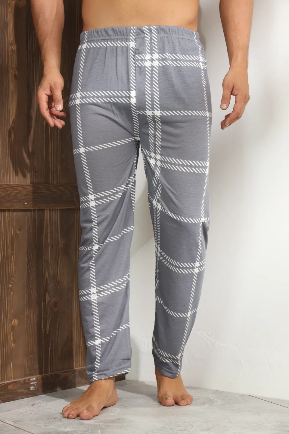 Pantaloni pijama bărbați gri închis cu carouri albe – croială lejeră-big size