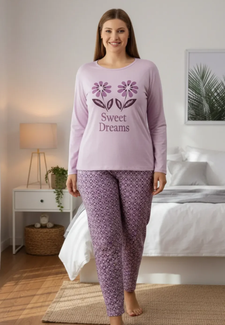 Pijama damă mov deschis cu imprimeu flori „Sweet Dreams”
