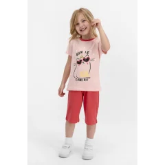 Pijamale de fetițe cu tricou și pantaloni 3/4 din bumbac, model Sun Is Coming, culoare roz