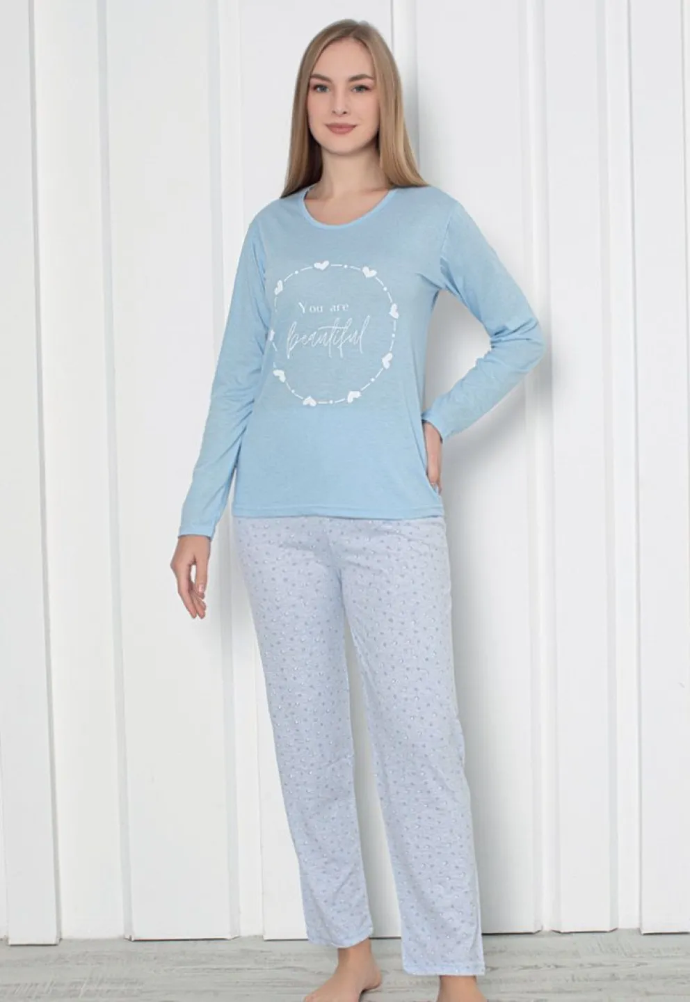 Pijama damă cu mânecă lungă și pantaloni lungi, imprimeu ,,You Are Beautiful'', culoare albastru