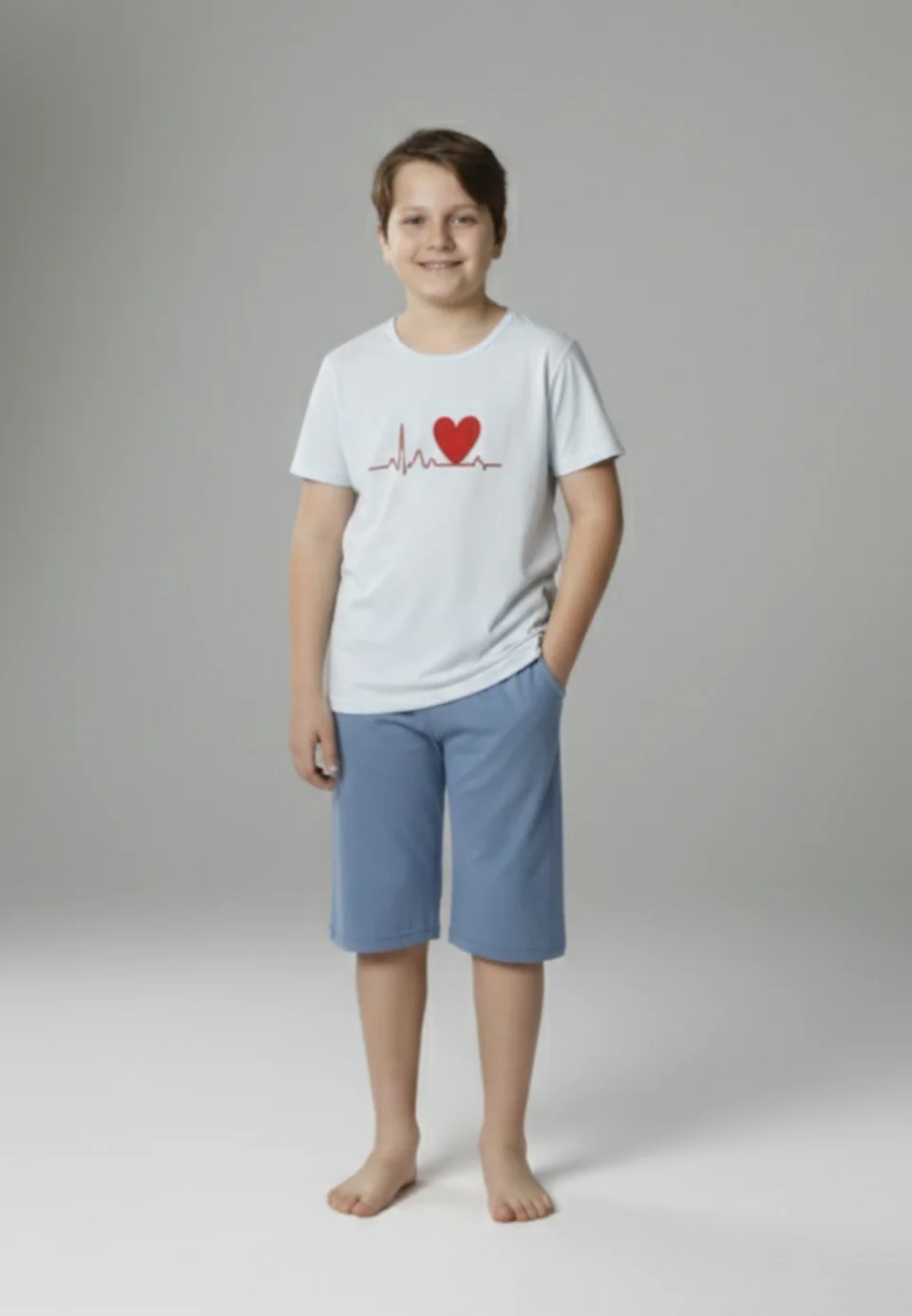 Pijama familie-copii, bumbac, mânecă scurtă și pantaloni 3/4, albastru