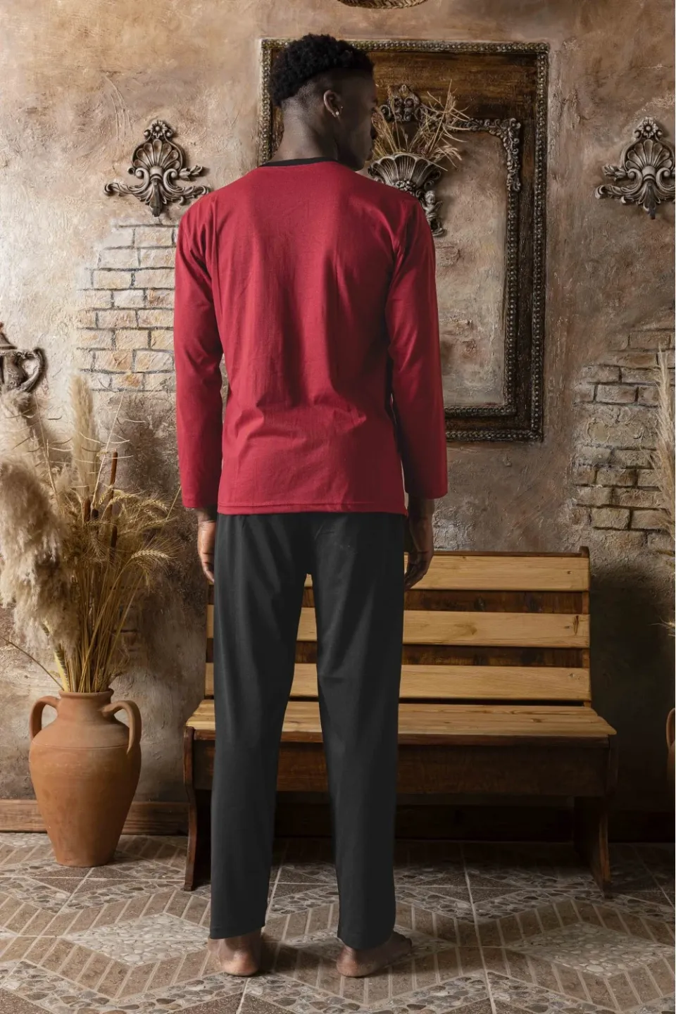 Pijamă Bărbați din Bumbac cu Mâneci și Pantaloni Lungi - Bordo