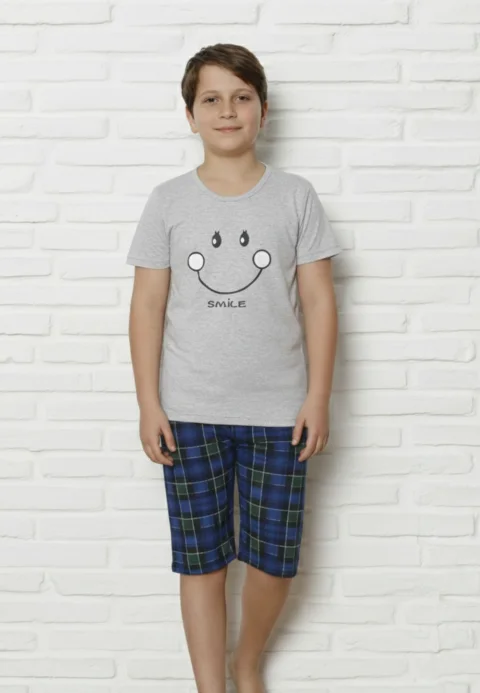 Pijama familie-copii, bumbac, mânecă scurtă și pantaloni 3/4, verde