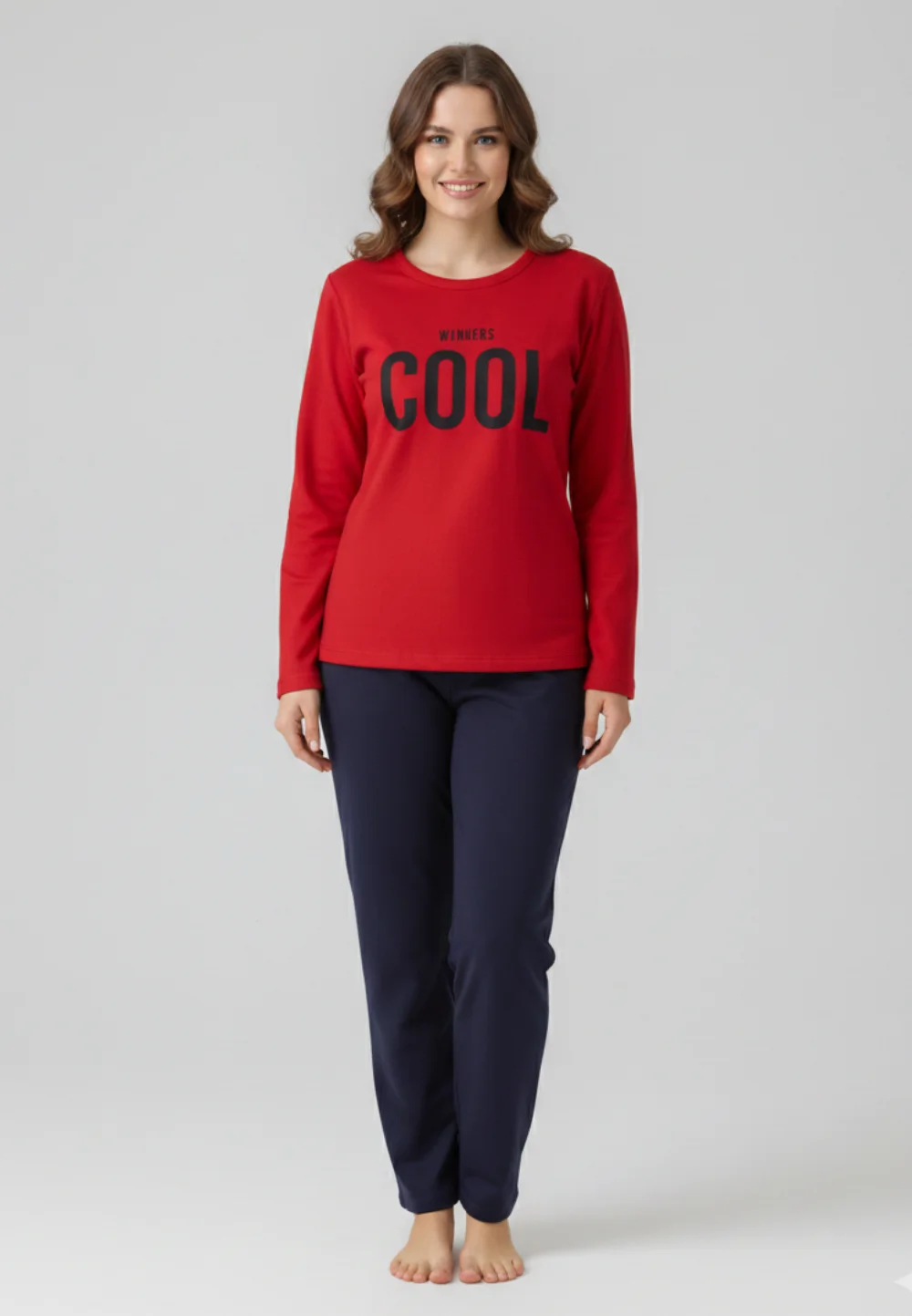 Pijama damă, cu mânecă lungă și pantaloni lungi din bumbac, imprimeu Cool