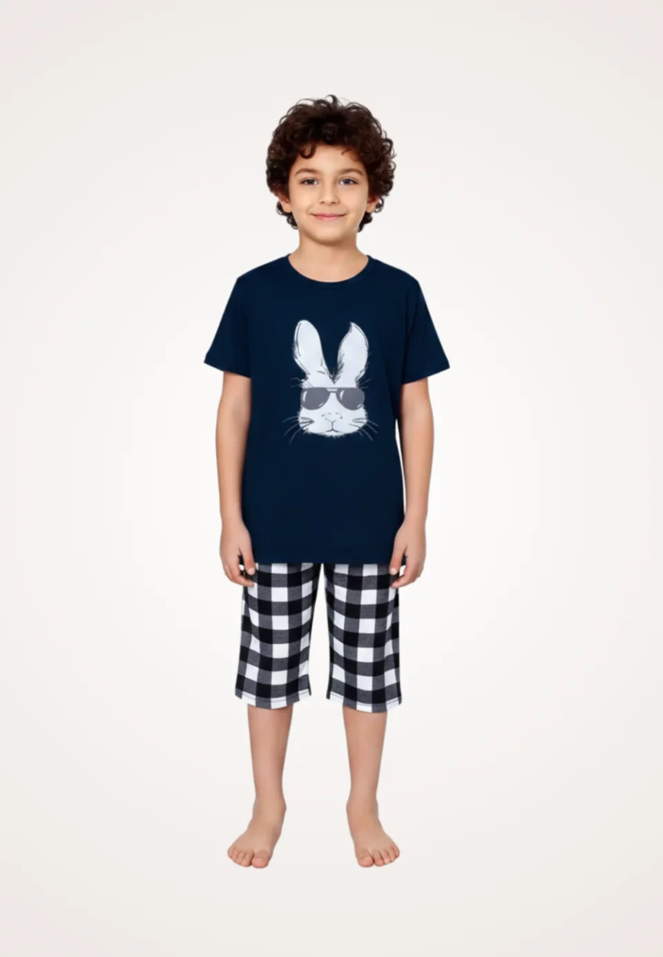 Pijama băieți, mânecă scurtă , imprimeu iepure cu ochelari, albastru închis