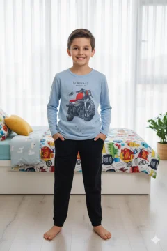 Pijama băieți cu mânecă lungă și pantaloni lungi, imprimeu motoretă, blue