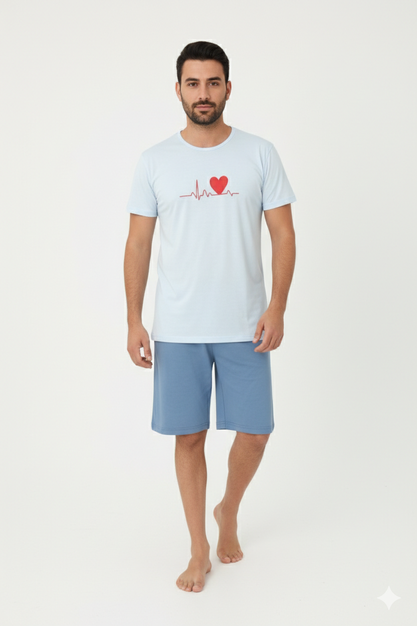 Pijama familie-bărbați, bumbac, mânecă scurtă și pantaloni 3/4 , culoare blue