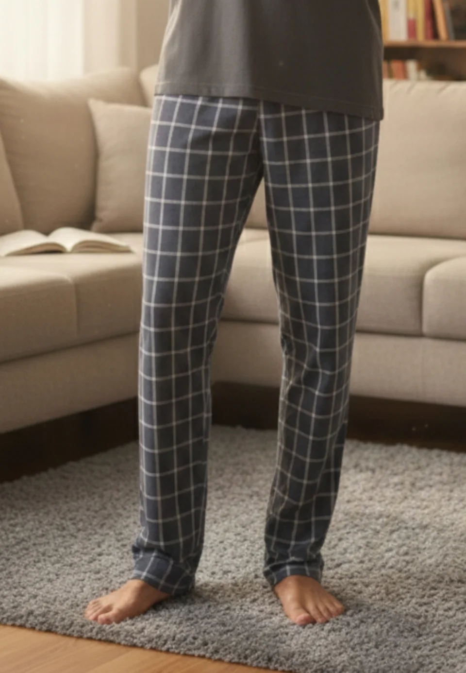 Pantaloni pijama bărbați gri închis cu carouri albe