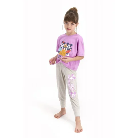 Pijama pentru fetițe Disney, bluza cu maneca scurtă și pantaloni lungi, imprimeu Mickey & Friends, mov