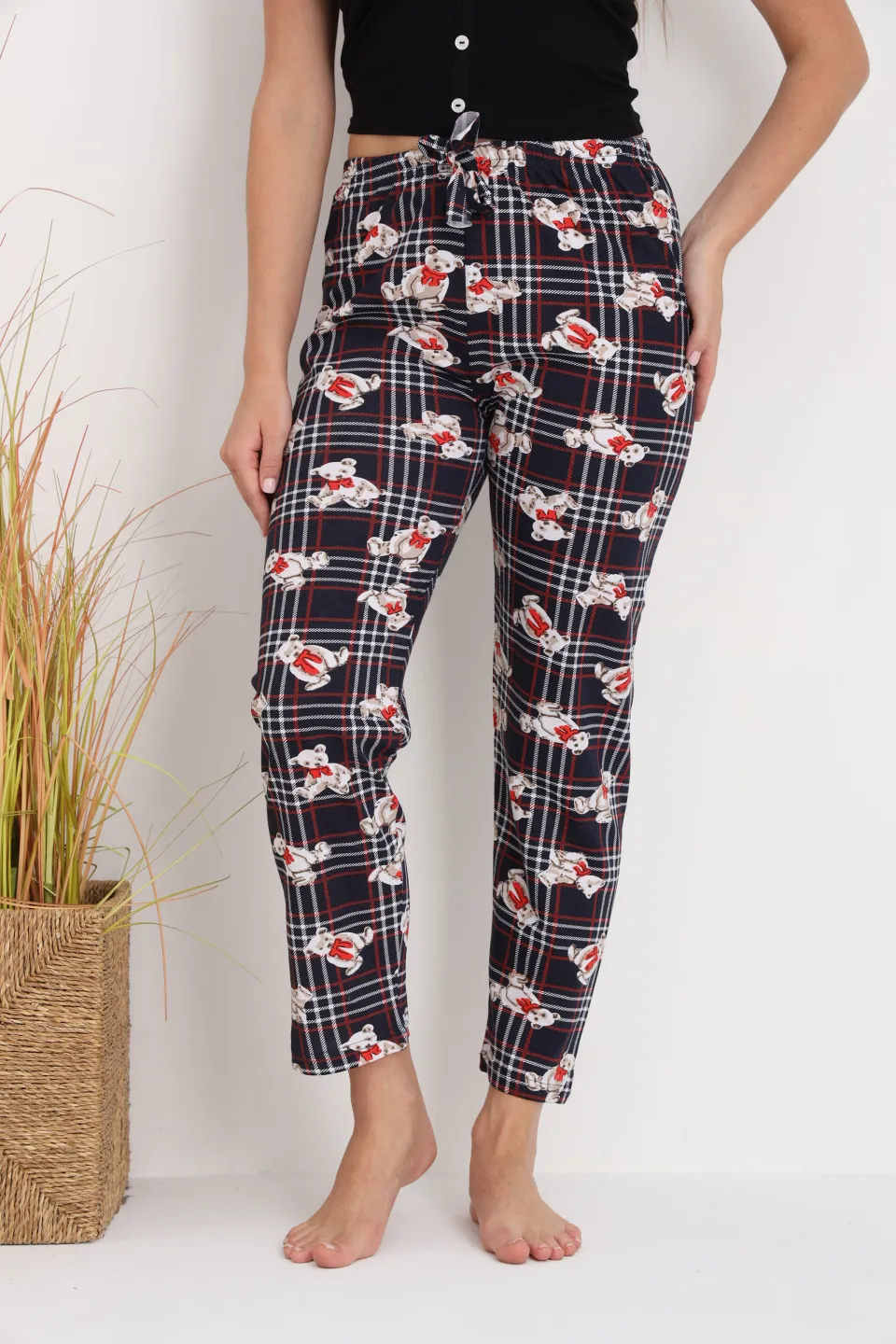 Pantaloni de pijama damă cu carouri și ursuleți, croială lejeră, bumbac & poliester