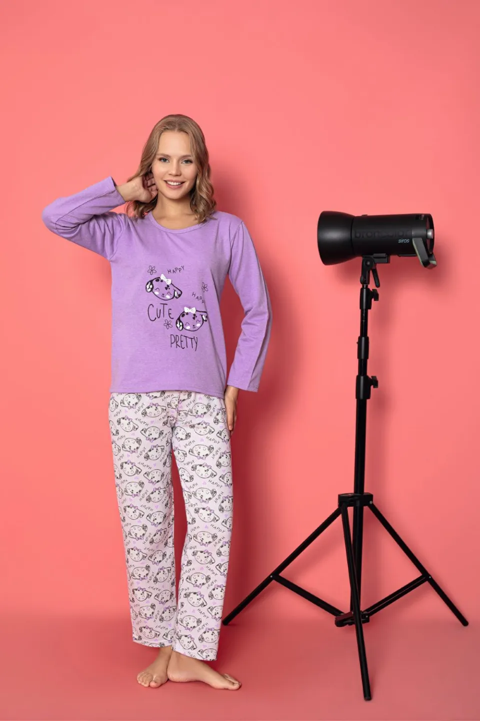 Pijama damă vătuită cu mânecă lungă și pantaloni lungi din bumbac, imprimeu Cute, Pretty