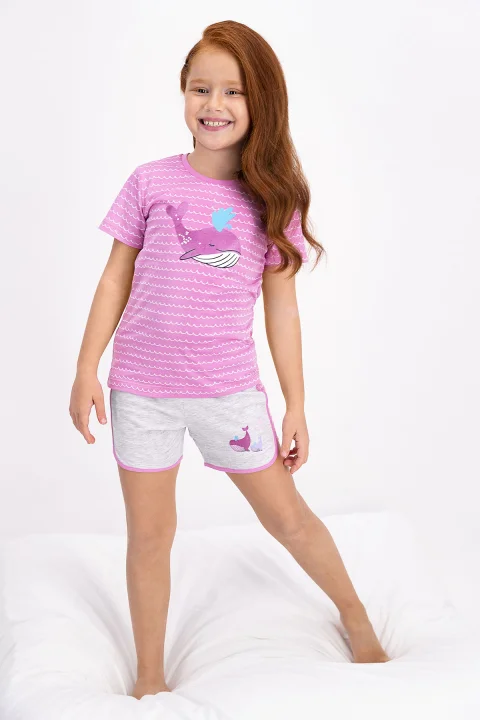 Pijama fetițe cu tricou și pantaloni scurți, imprimeu balenă, Roz
