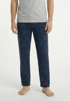 Pantaloni lungi de pijama bărbătești cu elastic în talie, culoare negru cu dungi albastre