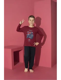 Pijama băieți cu mânecă lungă și pantaloni lungi, imprimeu motoretă, bordo