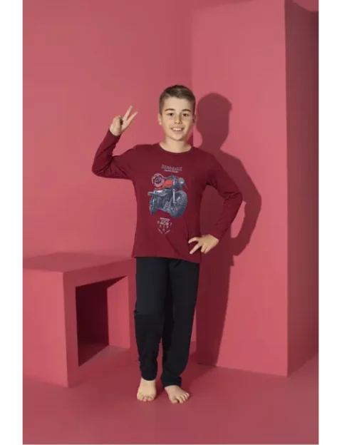 Pijama băieți cu mânecă lungă și pantaloni lungi, imprimeu motoretă, bordo