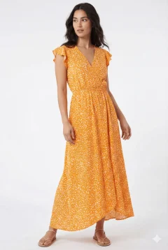 Rochie damă lungă, mâneci scurte cu volănașe, decolteu în V- portocaliu