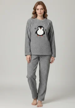 Pijamale damă cocolino gri deschis cu imprimeu pinguin