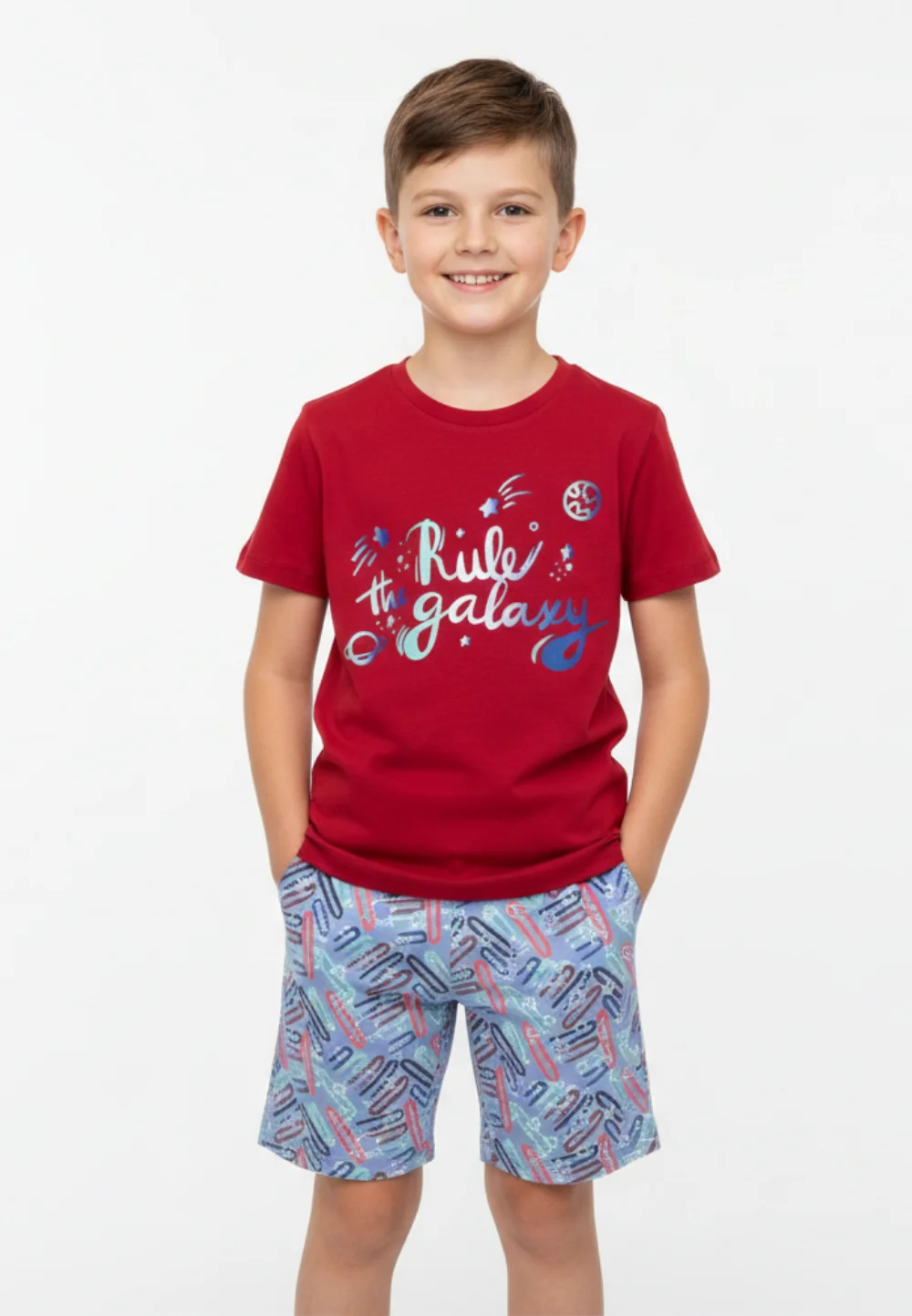 Pijama pentru băieței cu mânecă scurtă și pantaloni scurți, model Rule Galaxy, rosu