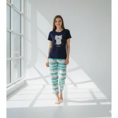 Pijama dama din bumbac, tricou negru cu imprimeu Pisica si pantaloni lungi