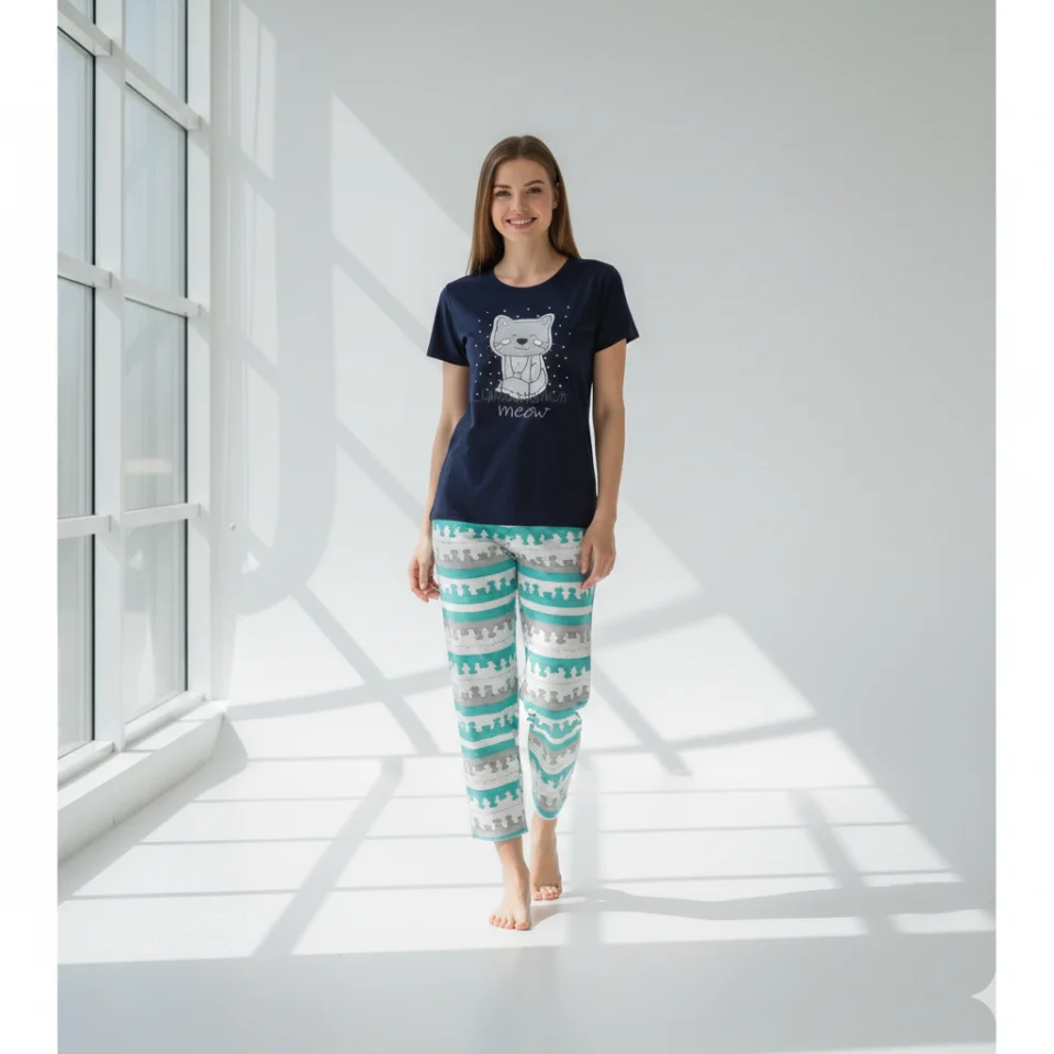 Pijama dama din bumbac, tricou negru cu imprimeu Pisica si pantaloni lungi