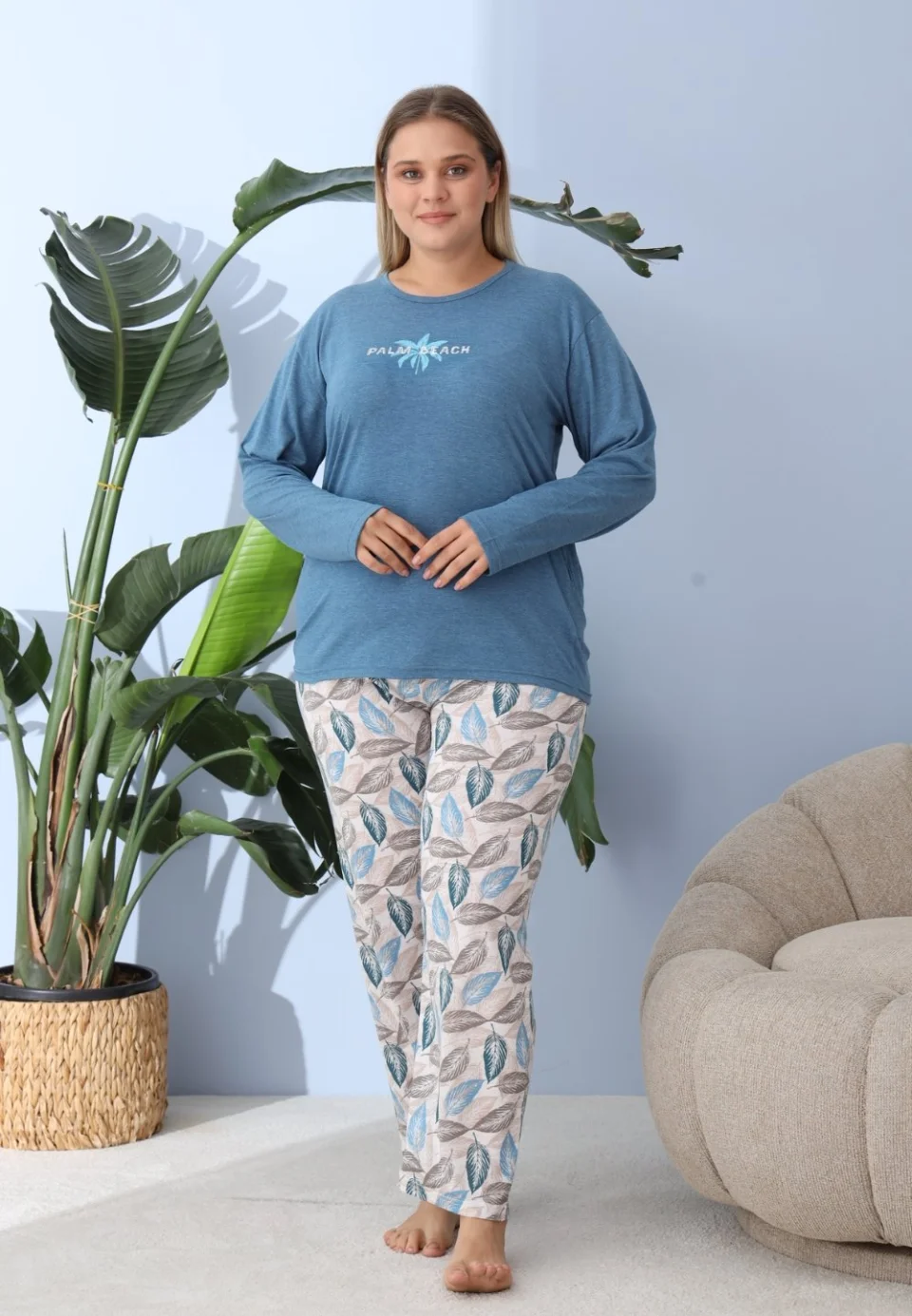 Pijama damă big size albastru, imprimeu Palm Beach, 100% bumbac