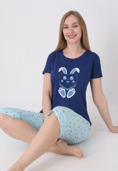 Pijama damă cu model de Paște, albastru – tricou bumbac și pantaloni 3/4