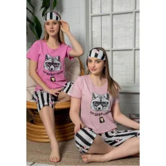 Pijama damă, cu mânecă scurtă  și pantaloni 3/4 din bumbac, imprimeu lup, roz deschis