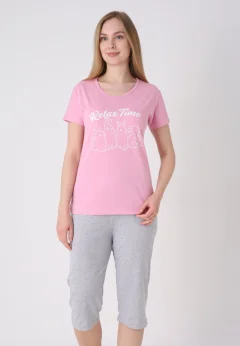 Pijama damă cu model de Paște, roz – tricou bumbac și pantaloni 3/4