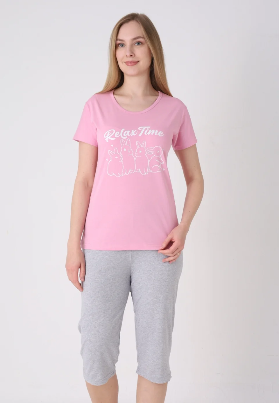 Pijama damă cu model de Paște, roz – tricou bumbac și pantaloni 3/4