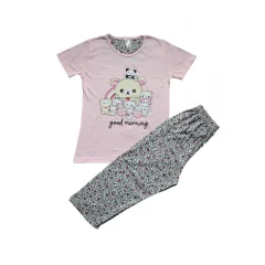 Pijama dama din bumbac, colecția nouă, tricou roz deschis cu imprimeu „Good morning” și pantaloni 3/4 asortați