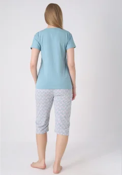 Pijama damă cu model de Paște, gri – tricou bumbac și pantaloni 3/4