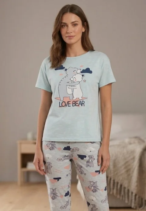 Pijama damă, cu mânecă scurtă  și pantaloni lungi din bumbac, imprimeu ,,Love Bear''