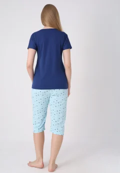 Pijama damă cu model de Paște, albastru – tricou bumbac și pantaloni 3/4