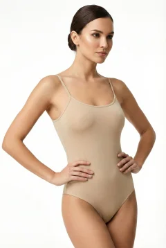 Body dama cu bretele subtiri, material bumbac, bej