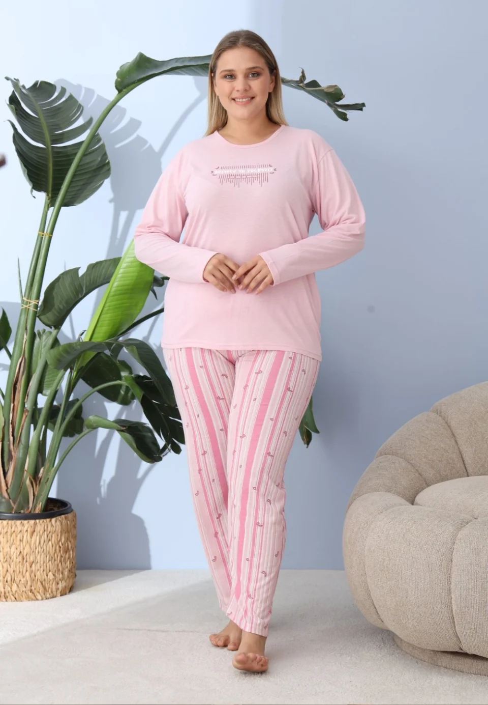 Pijama damă big size roz, imprimeu Believe in Yourself, 100% bumbac