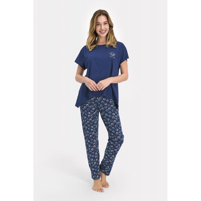 Pijama dama bumbac, bluza maneca scurta cu imprimeu scoici si pantaloni lungi, dark indigo