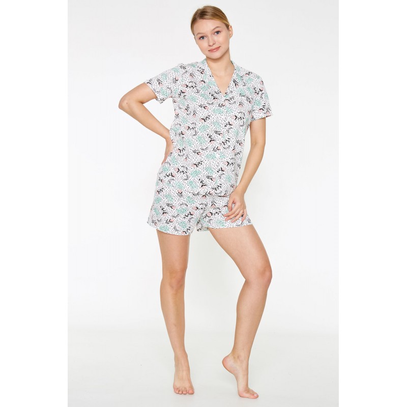 Pijama Dama din Viscoză – Bluza cu Mâneci Scurte și Pantaloni Scurți cu Elastic în Talie, Imprimeu Floral