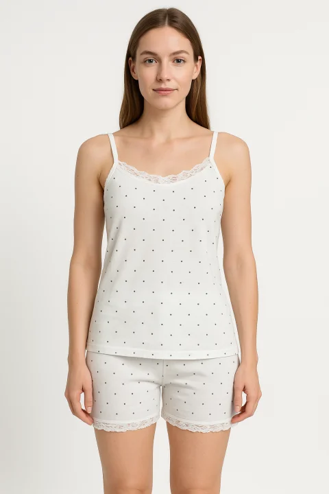 Pijama damă maiou și short – bretele subțiri, dantelă delicată, croială lejeră, imprimeu cu puncte negre